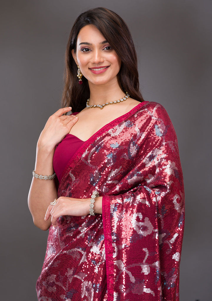 Red Sequins Georgette Saree