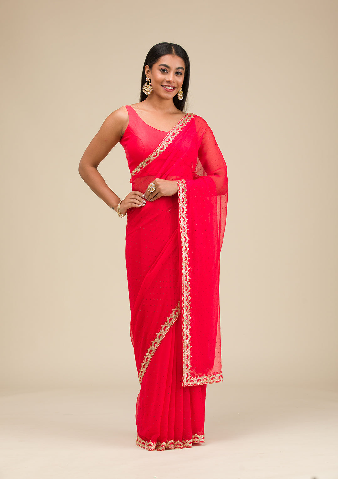 Red Silver Stonework Chiffon Saree
