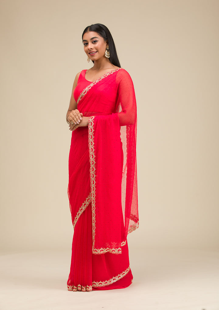 Red Silver Stonework Chiffon Saree