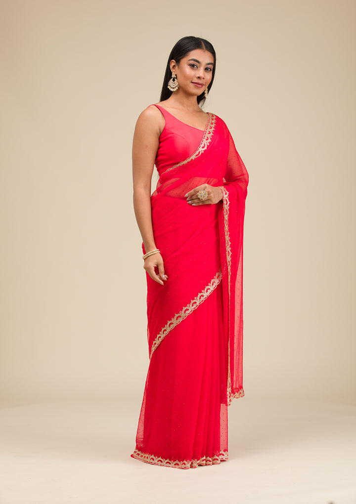 Red Silver Stonework Chiffon Saree