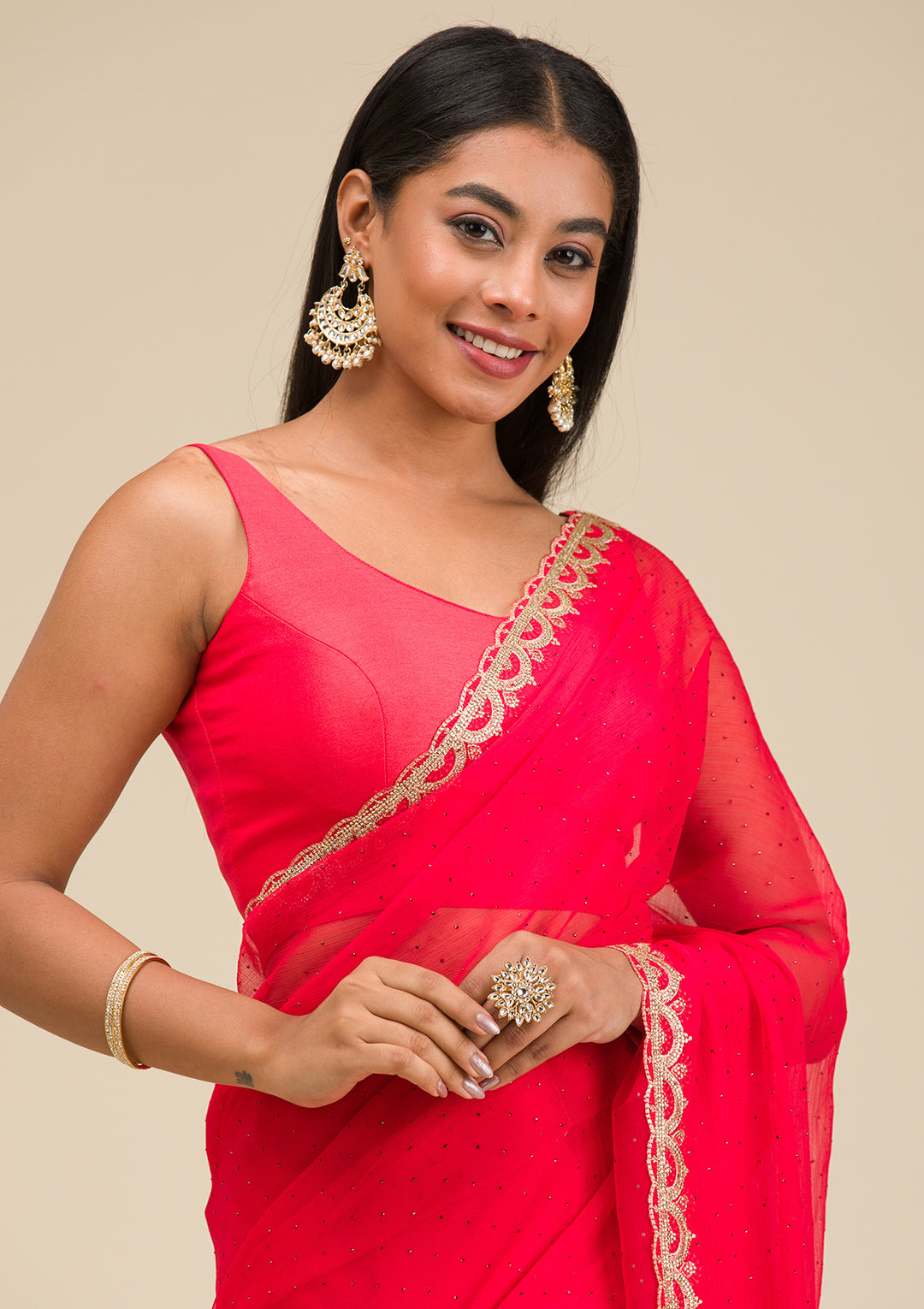 Red Silver Stonework Chiffon Saree