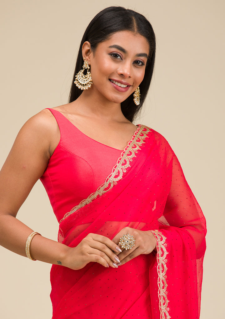 Red Silver Stonework Chiffon Saree