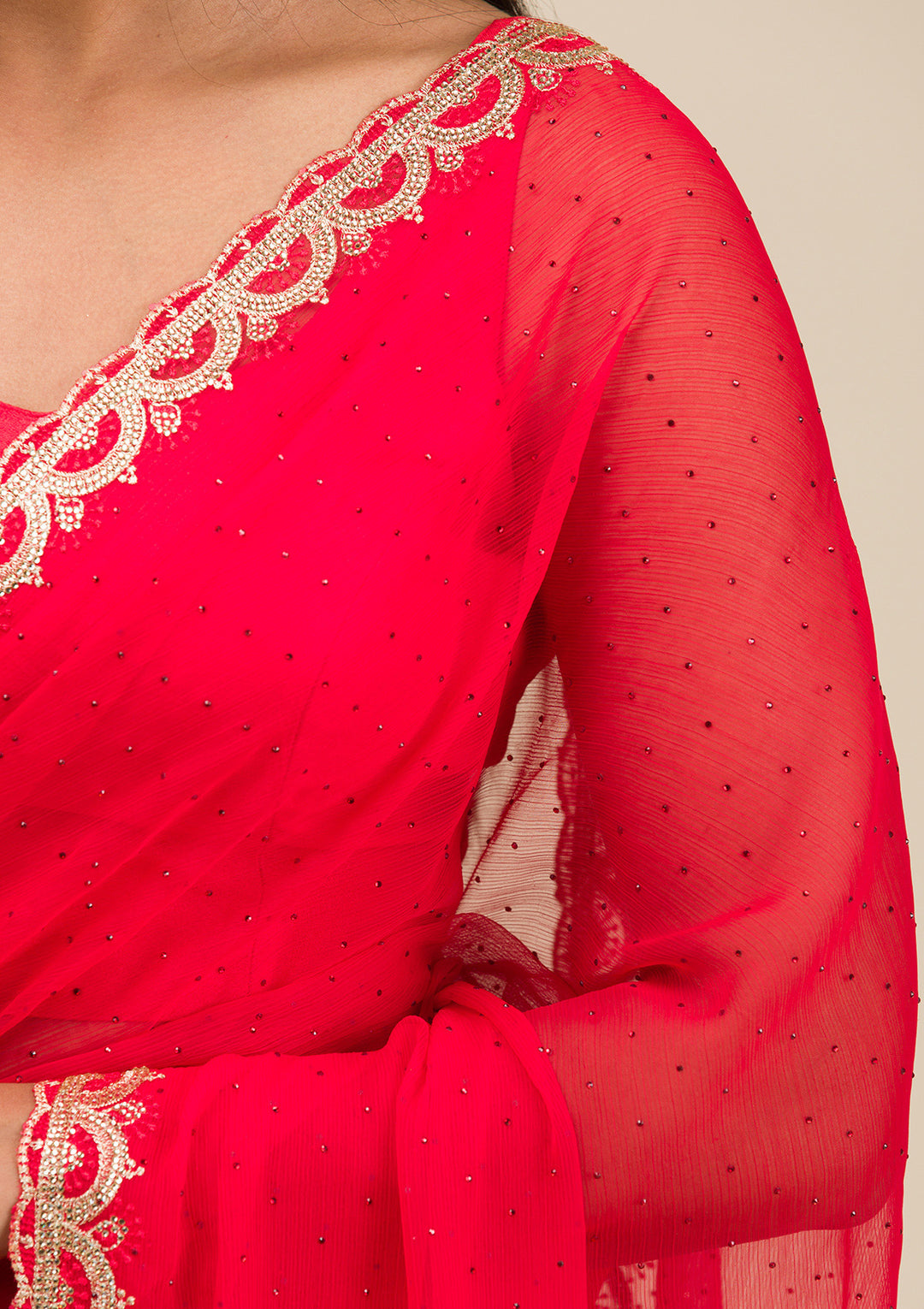 Red Silver Stonework Chiffon Saree
