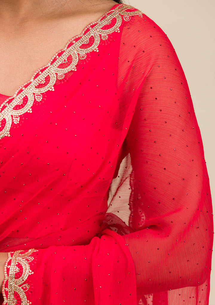 Red Silver Stonework Chiffon Saree