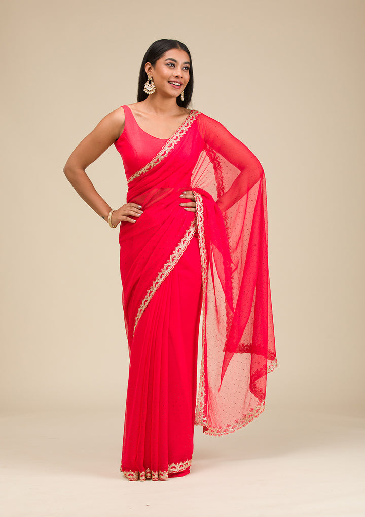 Red Silver Stonework Chiffon Saree