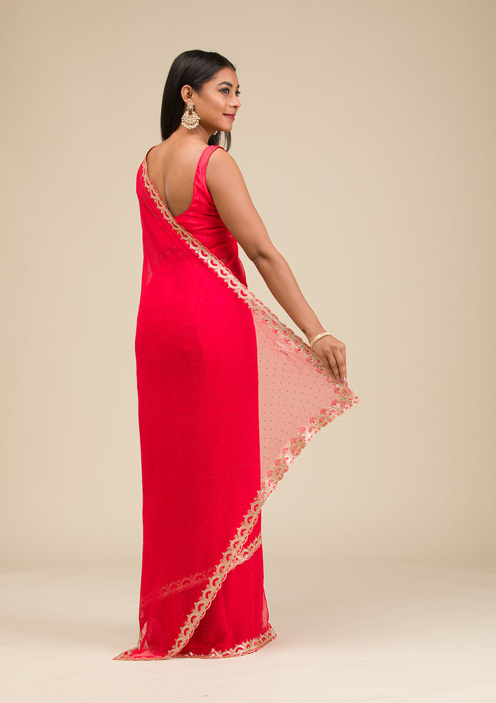 Red Silver Stonework Chiffon Saree