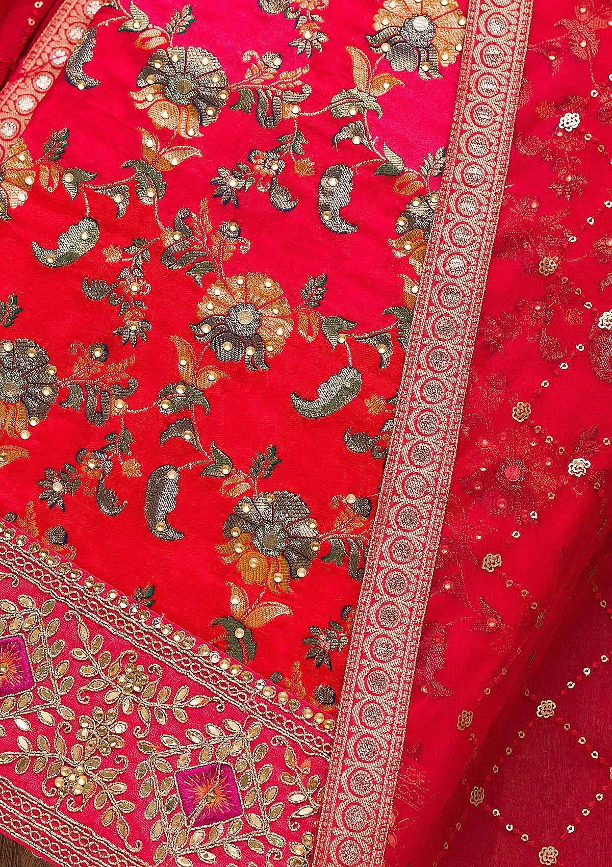 Red Stonework Banarasi Silk Unstitched Salwar Suit