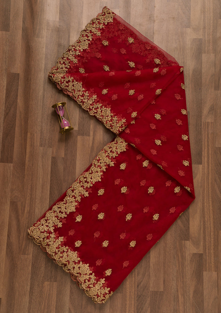Red Stonework Net Dupatta-Koskii