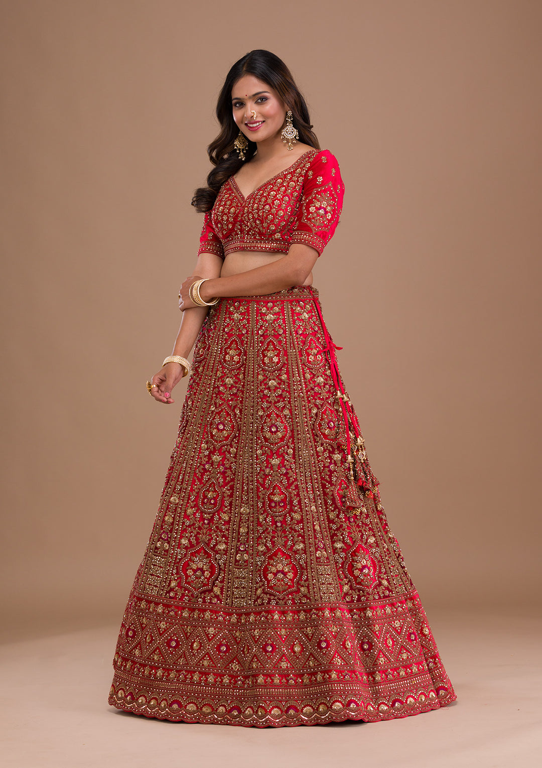 Red Stonework Net Semi Stitched Lehenga
