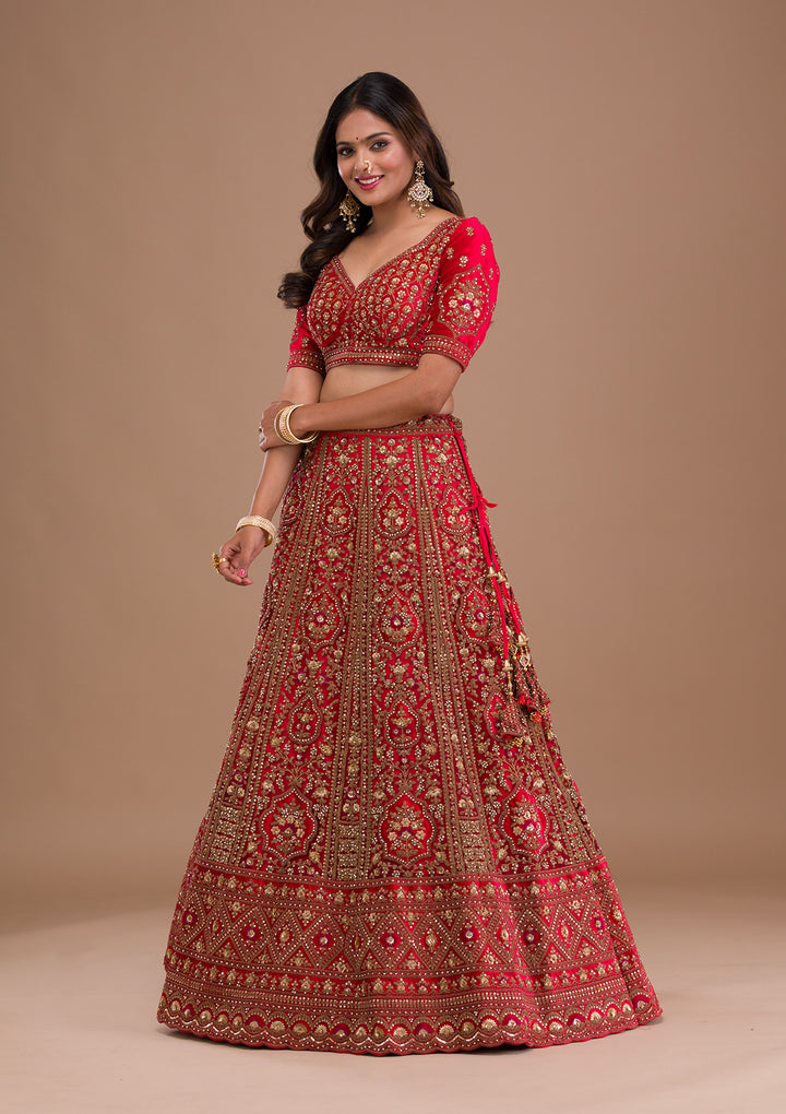 Red Stonework Net Semi Stitched Lehenga
