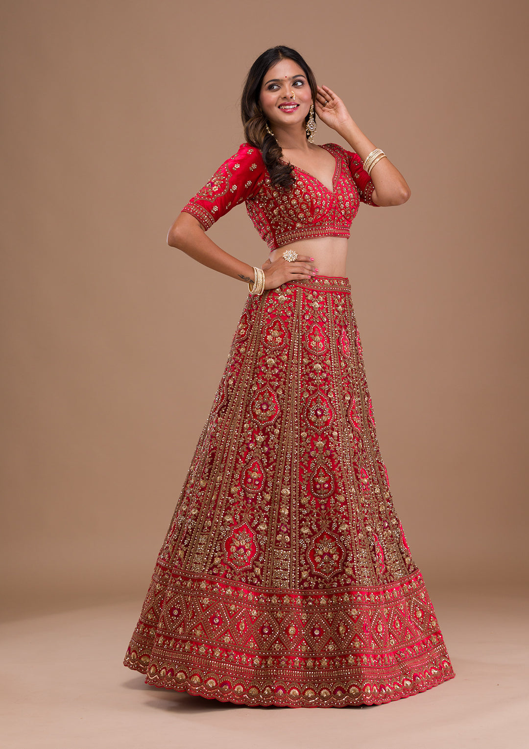 Red Stonework Net Semi Stitched Lehenga