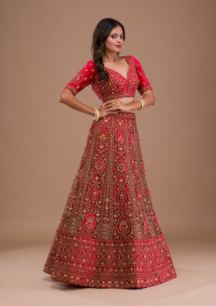 Red Stonework Net Semi Stitched Lehenga