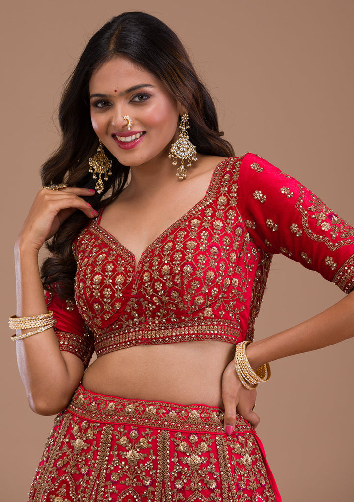 Red Stonework Net Semi Stitched Lehenga