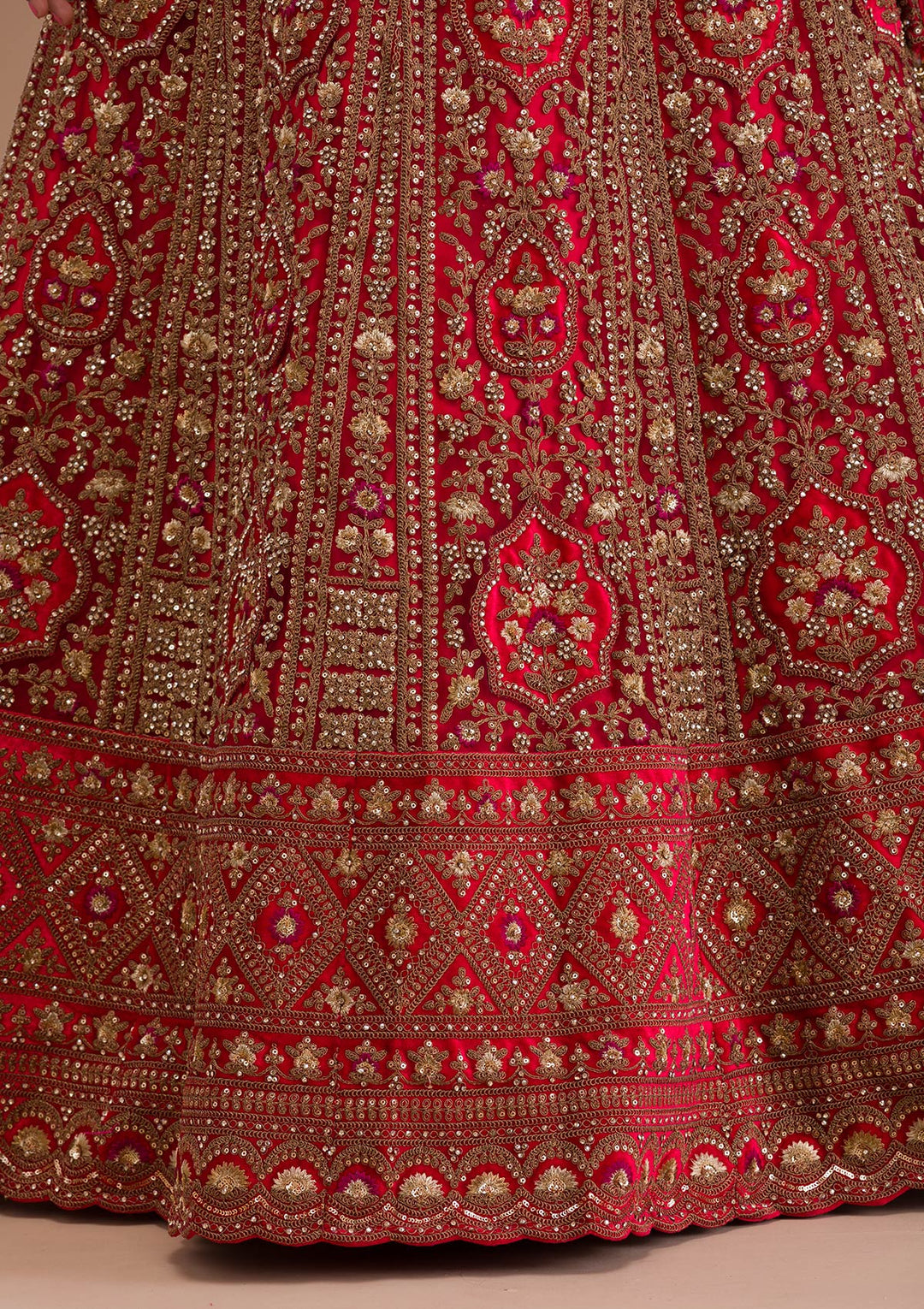Red Stonework Net Semi Stitched Lehenga