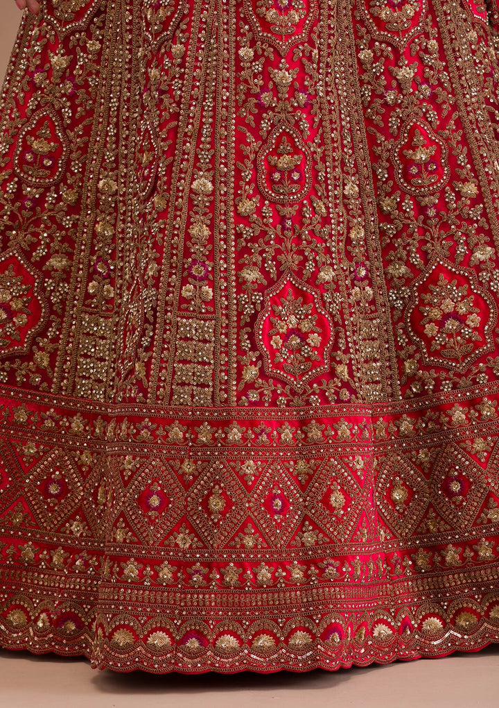 Red Stonework Net Semi Stitched Lehenga