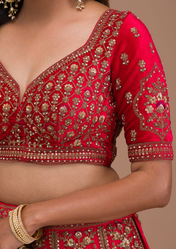 Red Stonework Net Semi Stitched Lehenga