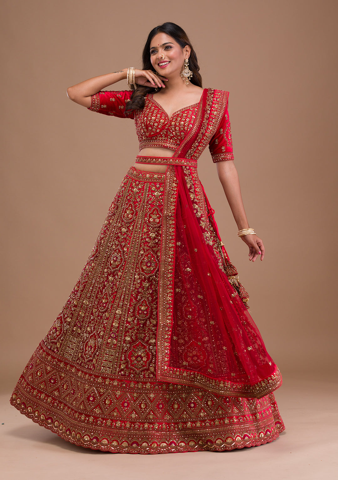 Red Stonework Net Semi Stitched Lehenga
