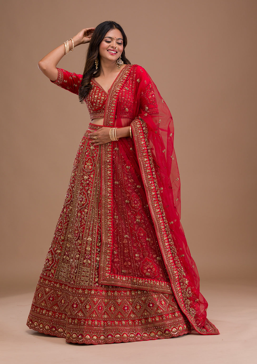 Red Stonework Net Semi Stitched Lehenga