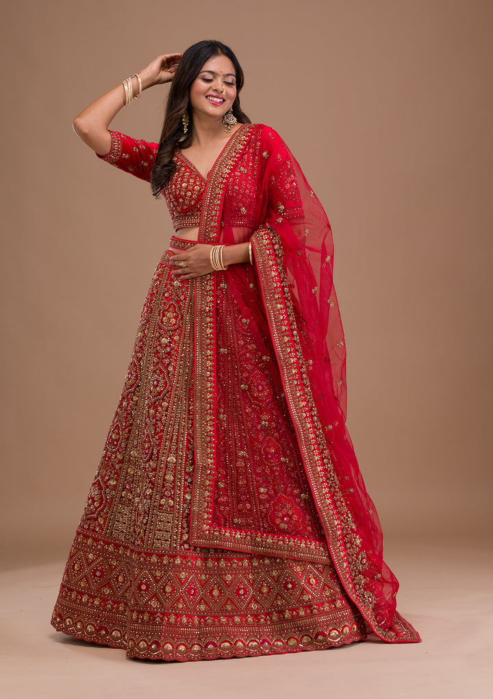Red Stonework Net Semi Stitched Lehenga