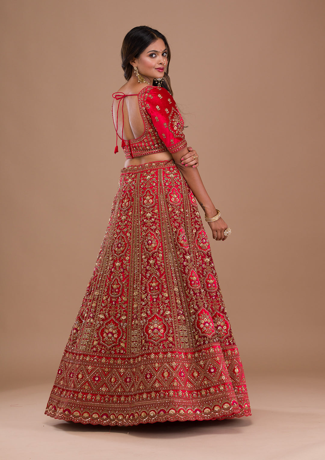 Red Stonework Net Semi Stitched Lehenga
