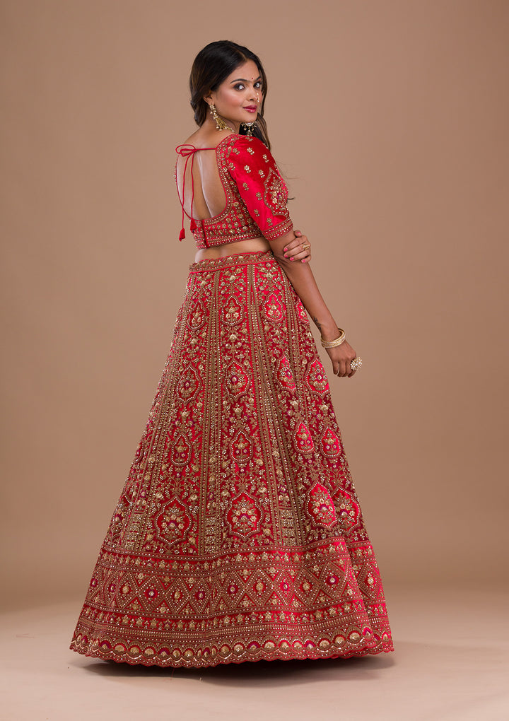 Red Stonework Net Semi Stitched Lehenga