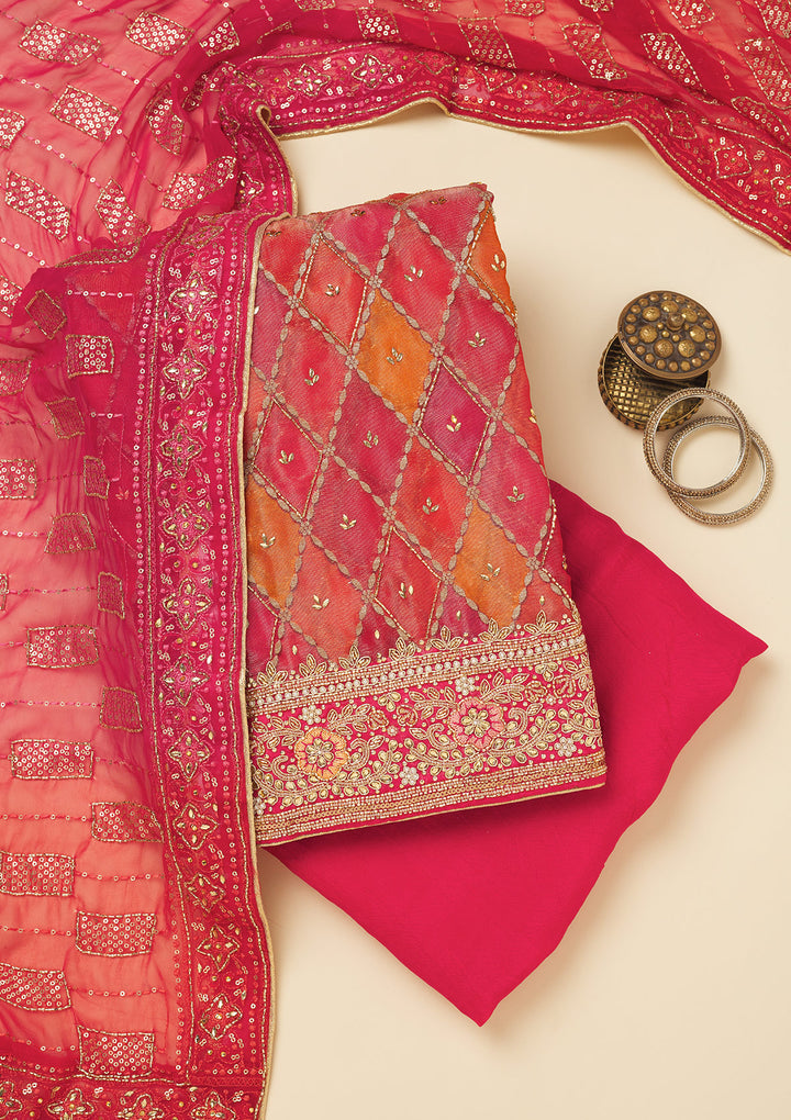 Red Stonework Semi Crepe Unstitched Salwar Suit