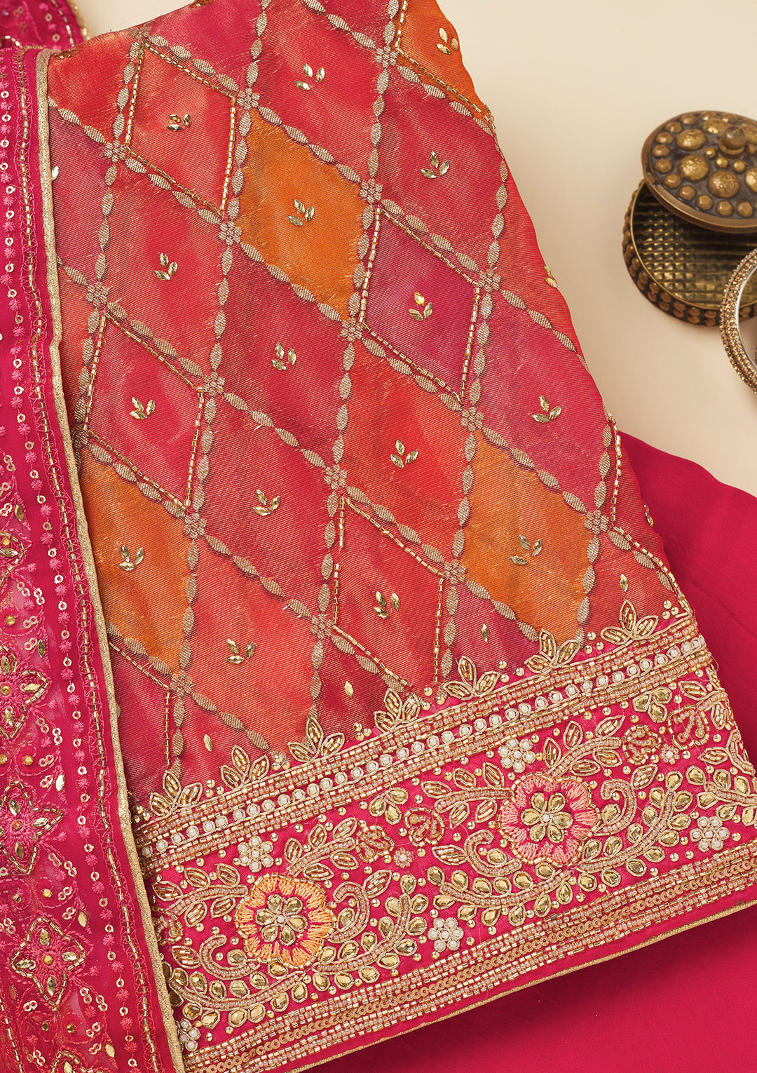 Red Stonework Semi Crepe Unstitched Salwar Suit