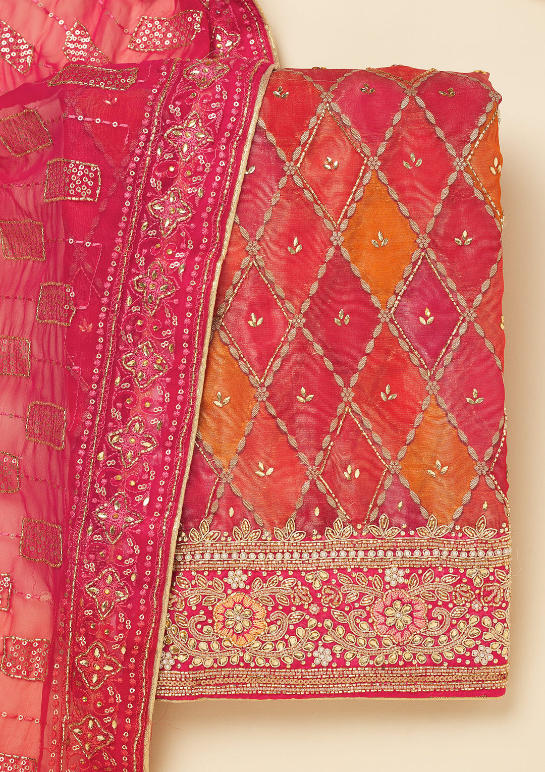 Red Stonework Semi Crepe Unstitched Salwar Suit