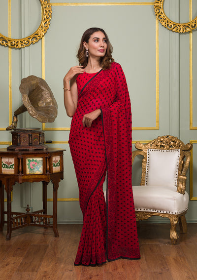 Red Swarovski Georgette Saree-Koskii