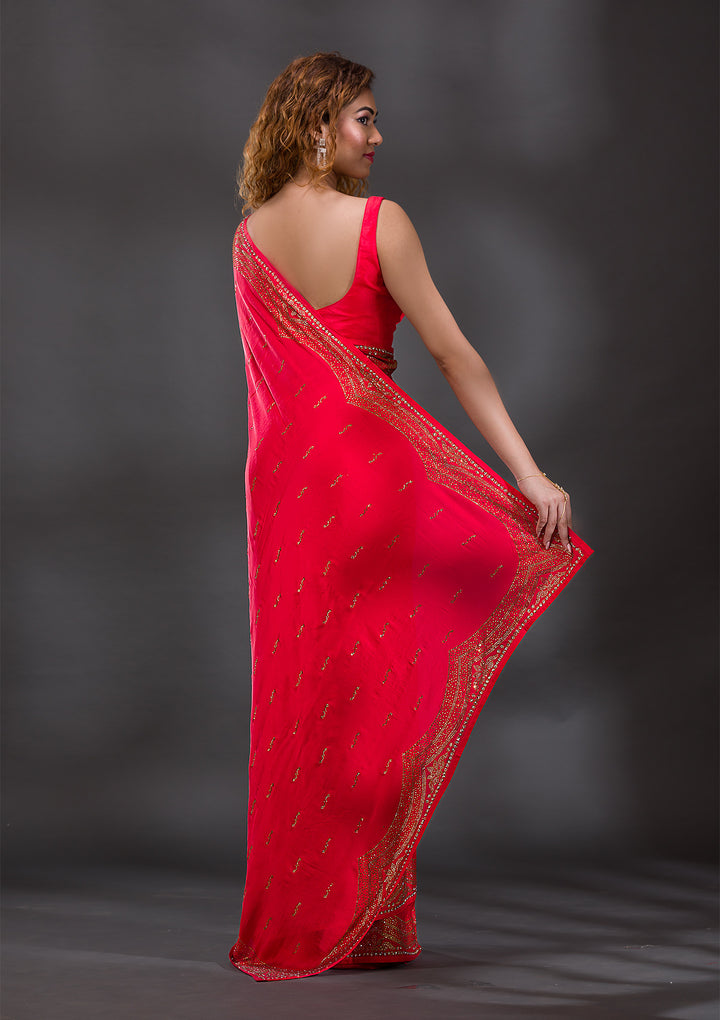 Red Swarovski Satin Saree
