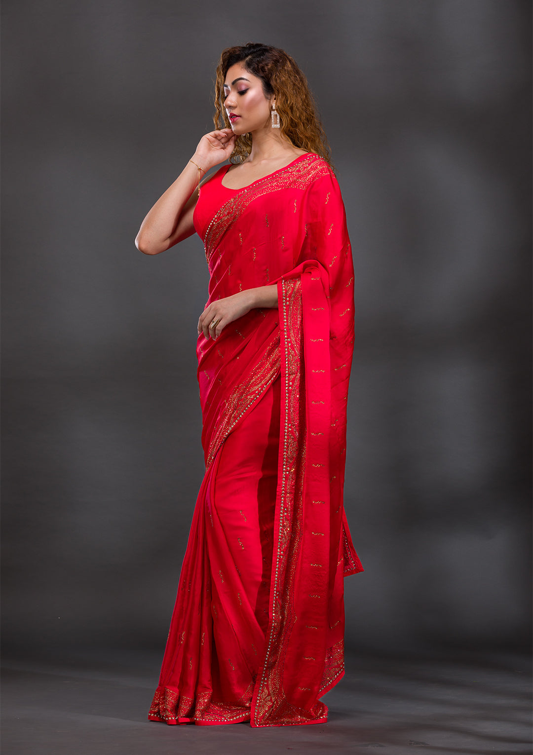 Red Swarovski Satin Saree