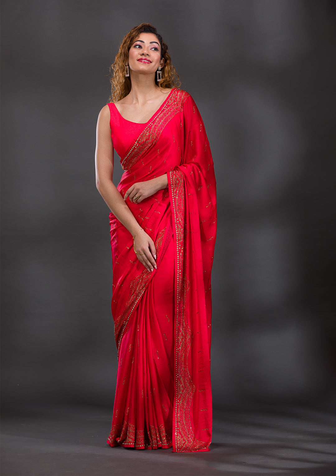 Red Swarovski Satin Saree
