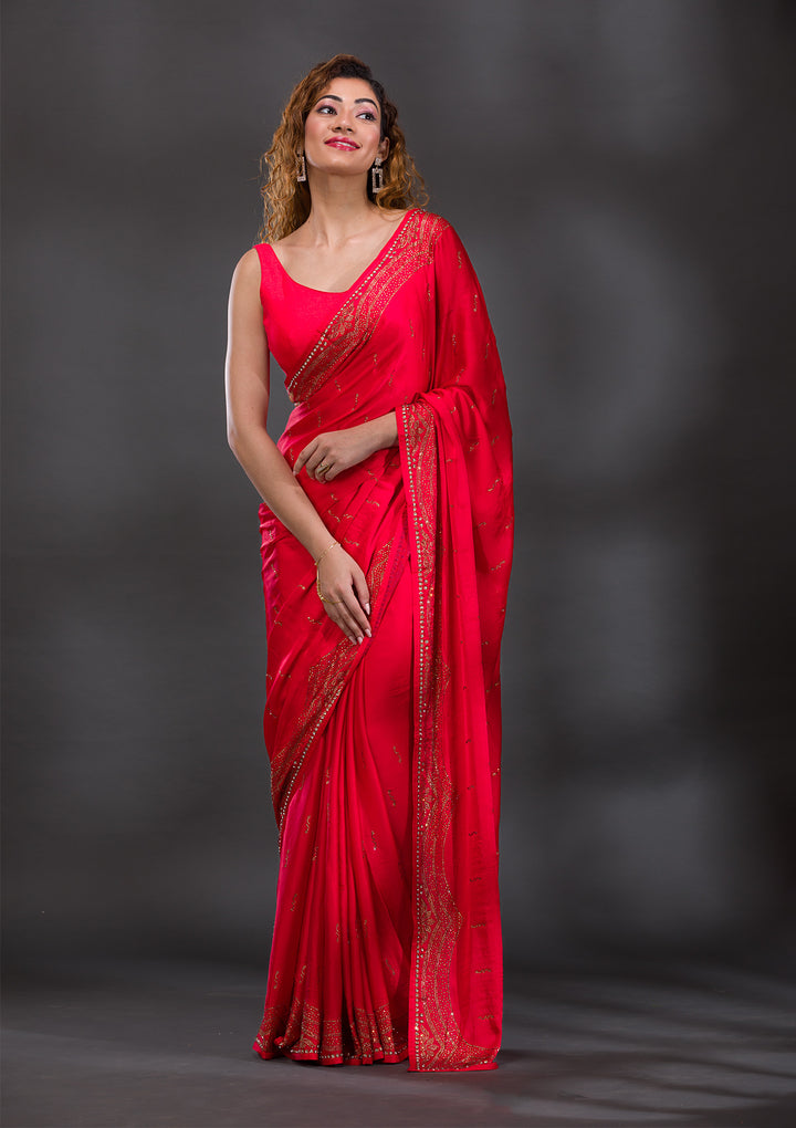 Red Swarovski Satin Saree