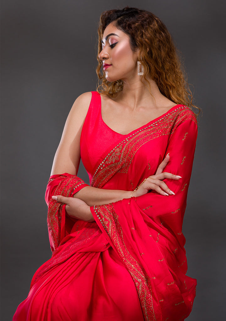 Red Swarovski Satin Saree