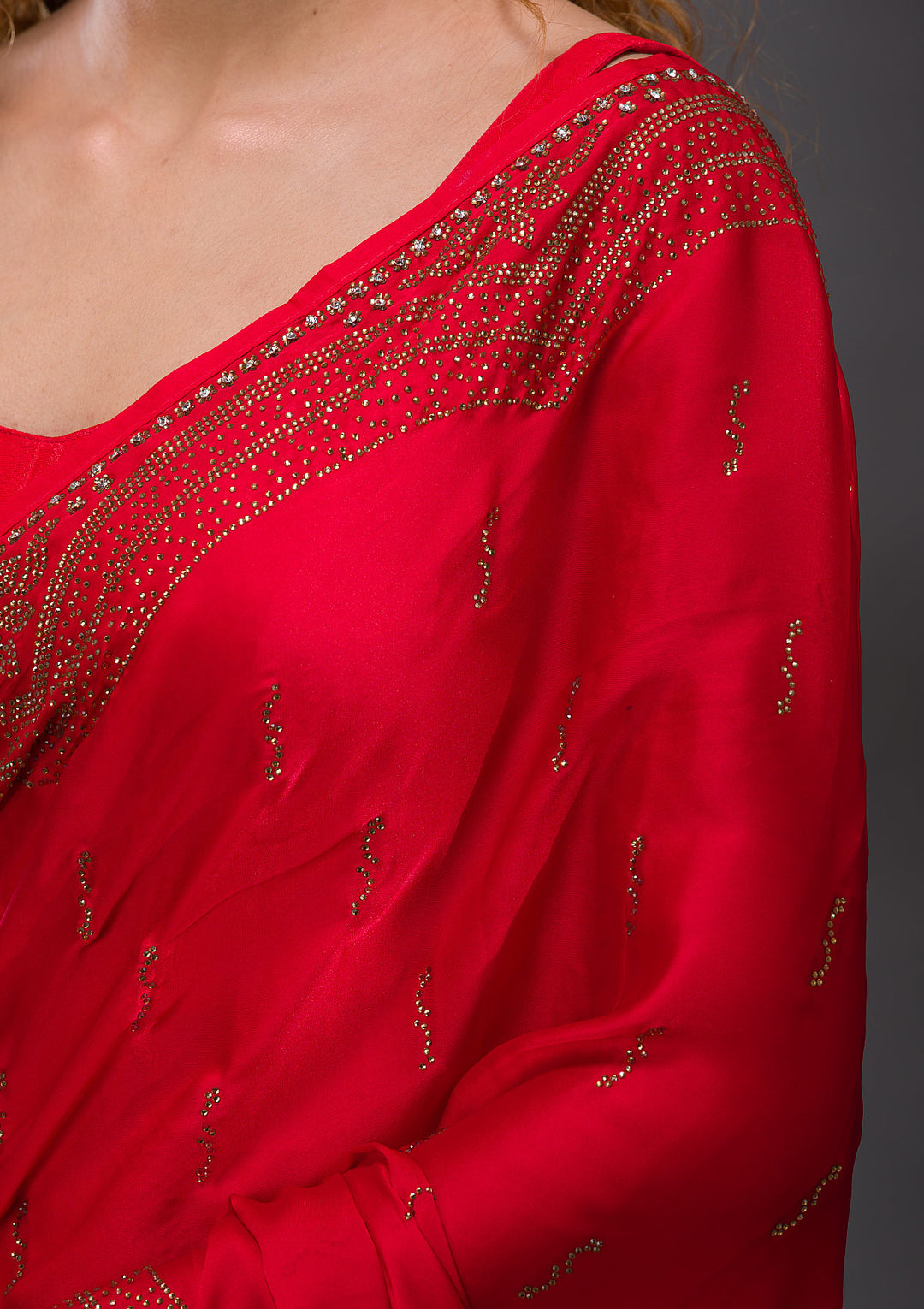 Red Swarovski Satin Saree