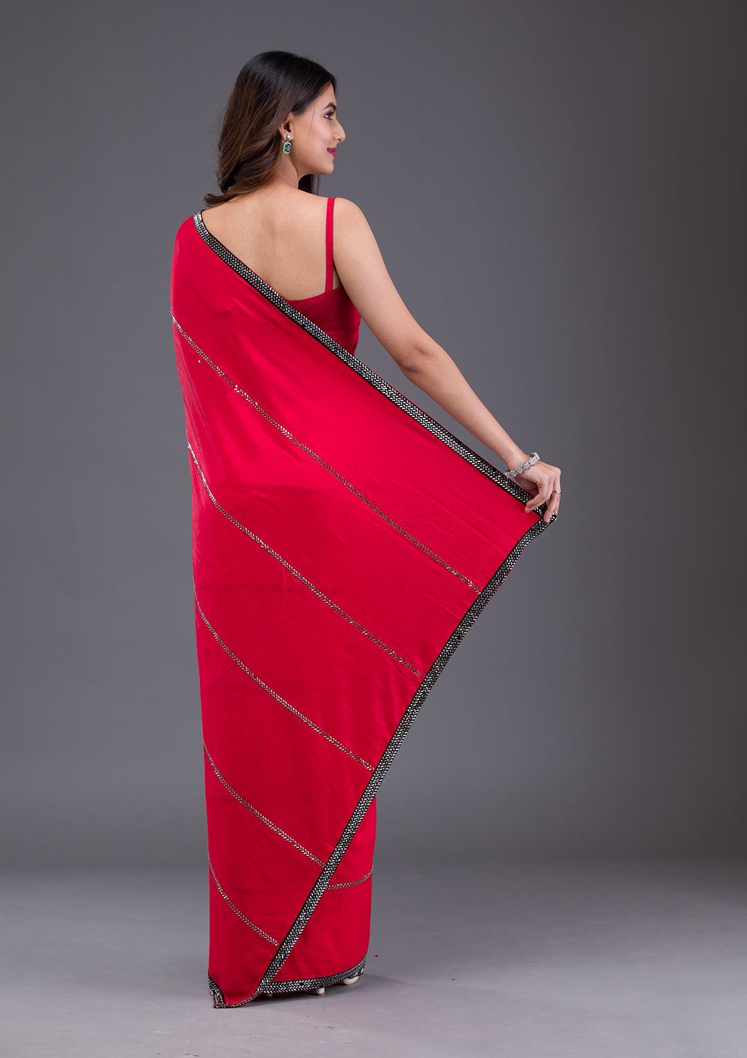Red Swarovski Satin Saree