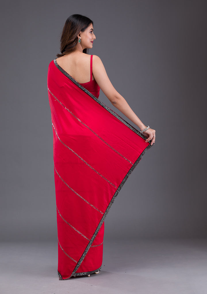 Red Swarovski Satin Saree