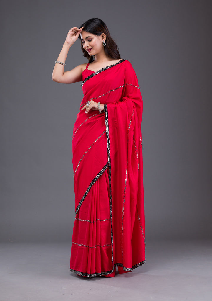 Red Swarovski Satin Saree