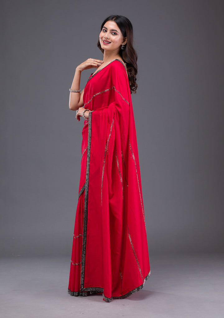 Red Swarovski Satin Saree
