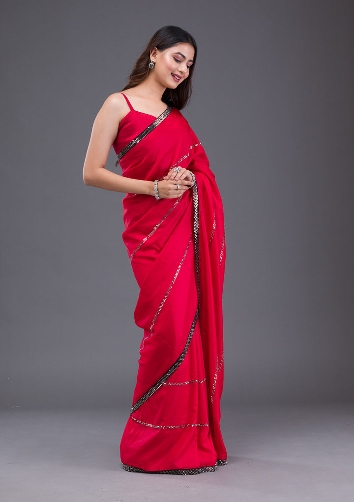 Red Swarovski Satin Saree