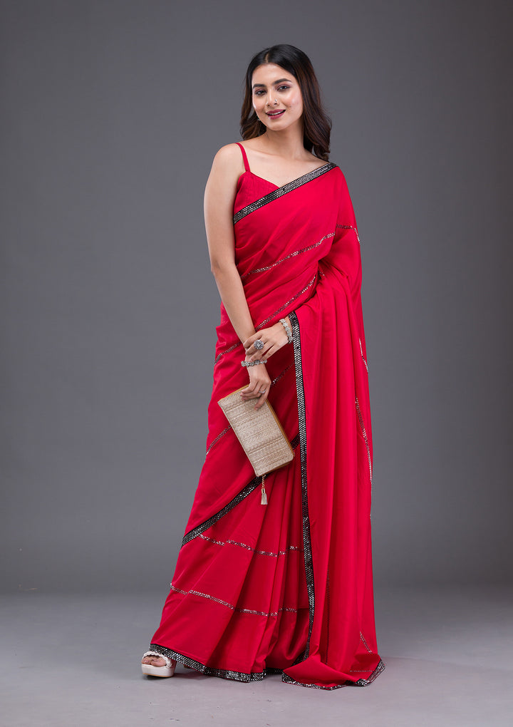 Red Swarovski Satin Saree