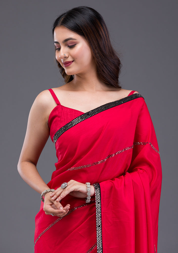 Red Swarovski Satin Saree