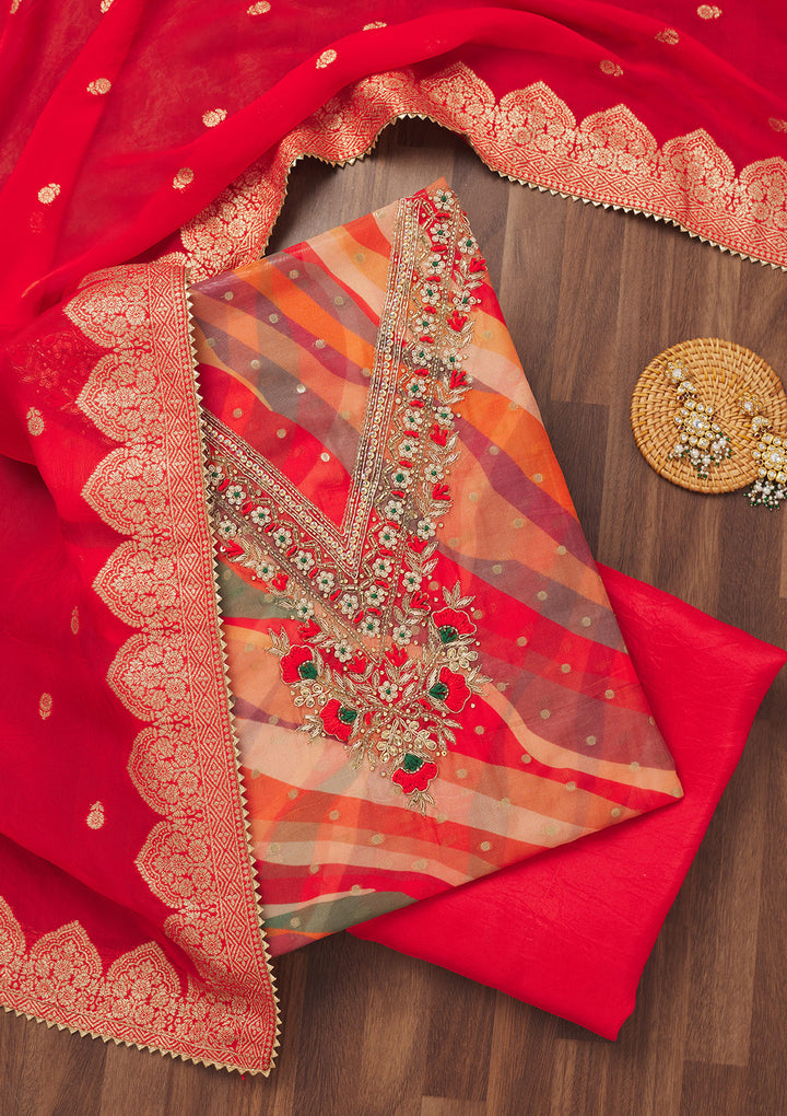 Red Threadwork Chiffon Unstitched Salwar Suit