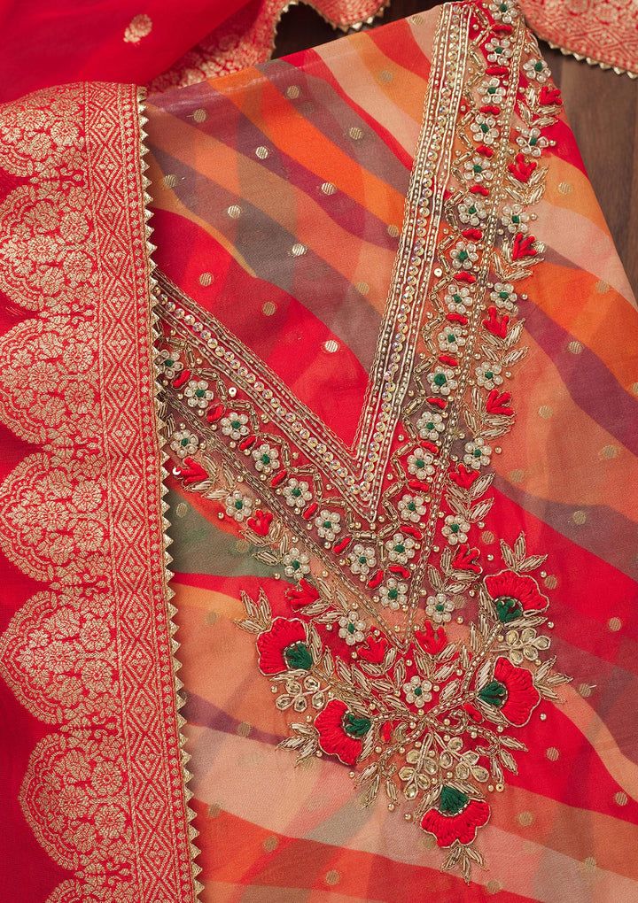 Red Threadwork Chiffon Unstitched Salwar Suit