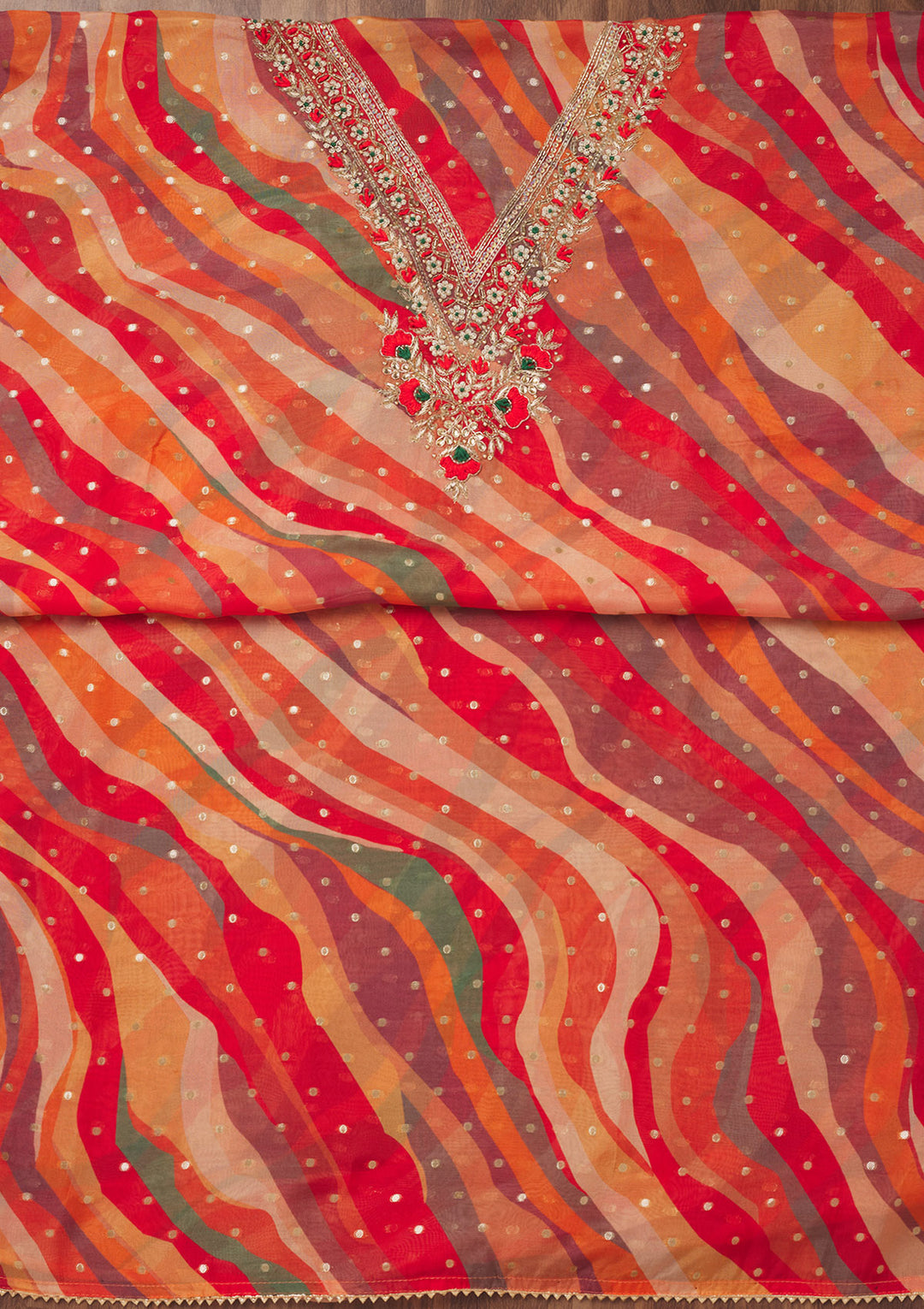 Red Threadwork Chiffon Unstitched Salwar Suit