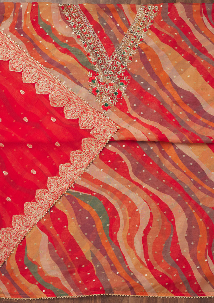 Red Threadwork Chiffon Unstitched Salwar Suit