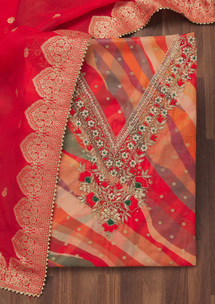 Red Threadwork Chiffon Unstitched Salwar Suit