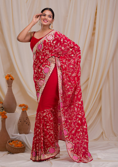 Red Threadwork Georgette Saree-Koskii