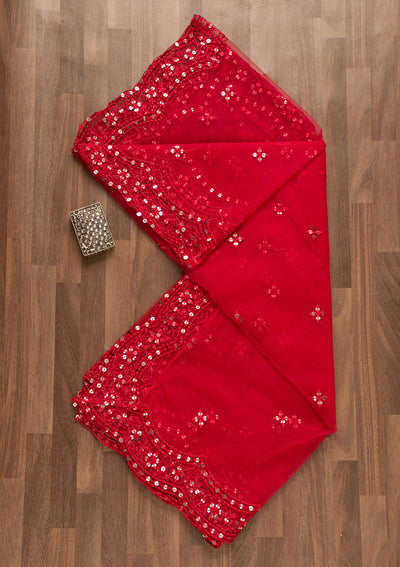 Red Threadwork Net Dupatta-Koskii