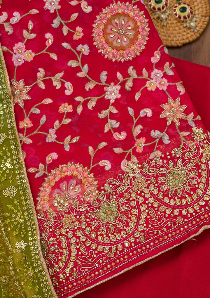 Red Threadwork Semi Crepe Unstitched Salwar Suit